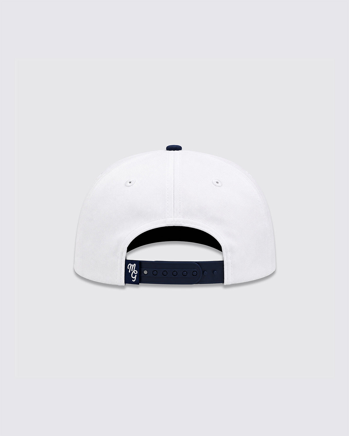 White baseball cap shown from the back, featuring a navy blue adjustable strap with a small white embroidered logo and a navy blue button on top.